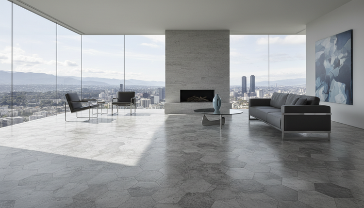 Living room with large hexagon stone-look tile floor
