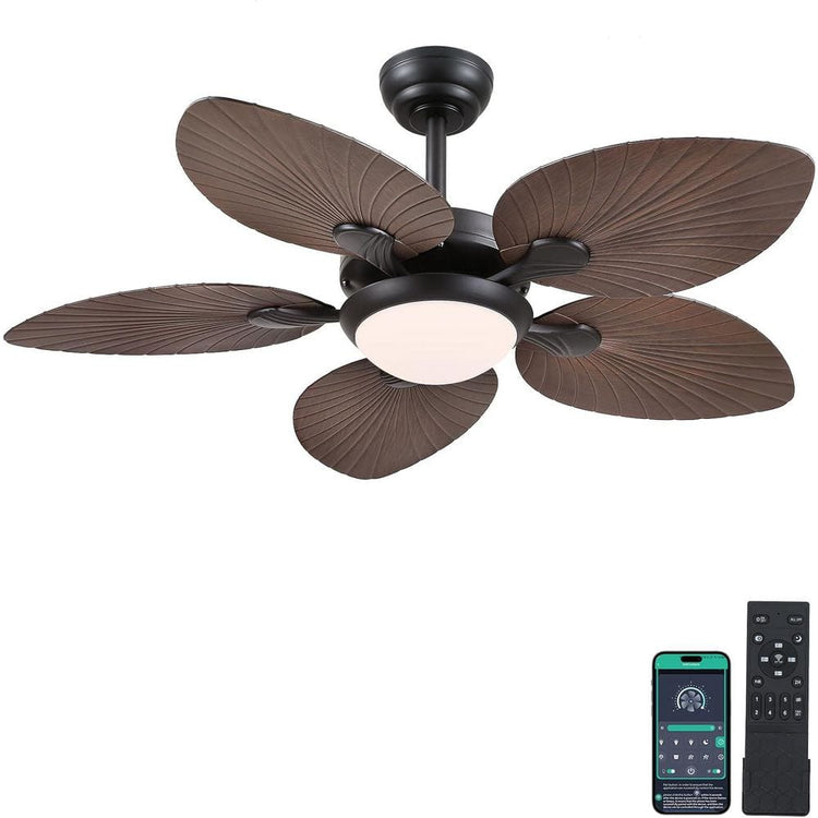 Similar palm leaf ceiling fan with light (black), shown for reference